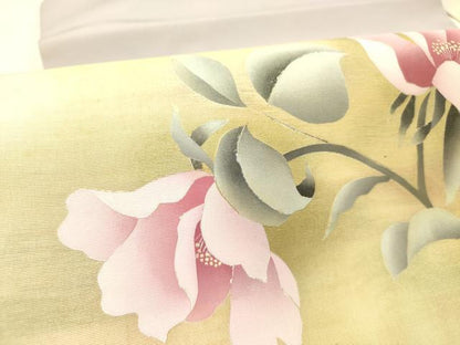平和屋着物●塩瀬　九寸名古屋帯　手描き　草花　金彩　正絹　逸品　DABE1029op