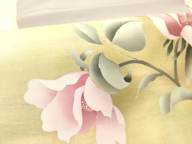 平和屋着物●塩瀬　九寸名古屋帯　手描き　草花　金彩　正絹　逸品　DABE1029op