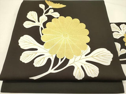 平和屋着物●塩瀬　九寸名古屋帯　菊　黒地　金彩　正絹　逸品　DABE1032op