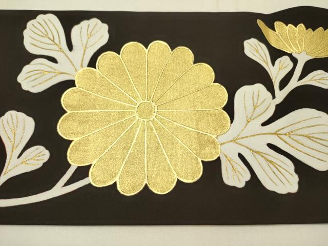 平和屋着物●塩瀬　九寸名古屋帯　菊　黒地　金彩　正絹　逸品　DABE1032op