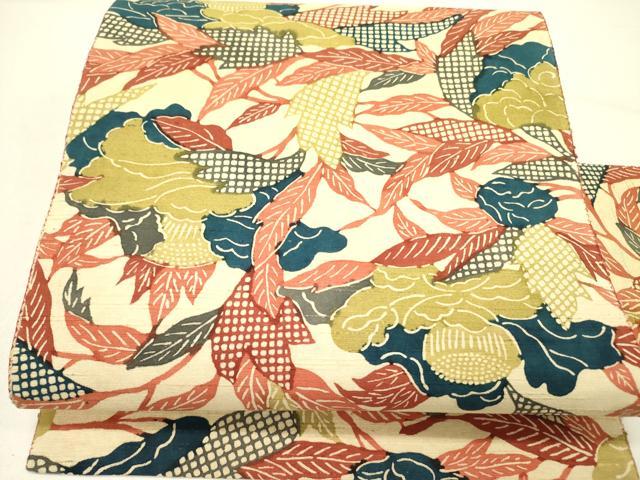 平和屋着物●八寸名古屋帯　紬地　型染　草花　正絹　逸品　DABE1033op