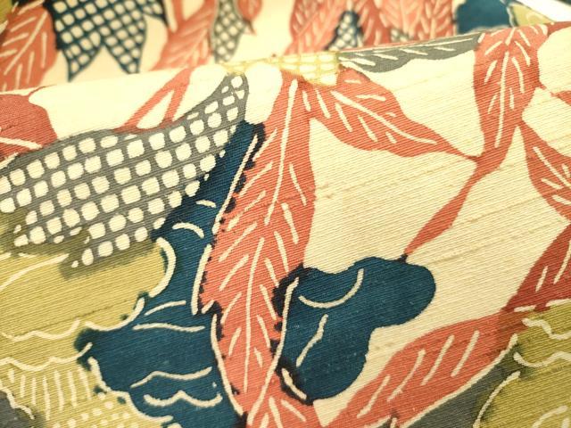 平和屋着物●八寸名古屋帯　紬地　型染　草花　正絹　逸品　DABE1033op