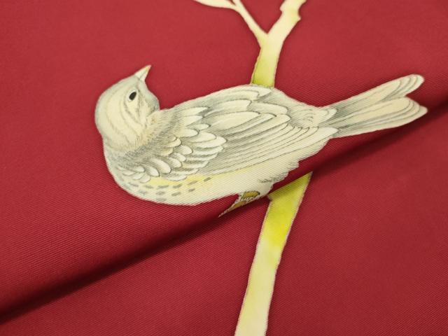 平和屋着物●塩瀬　九寸名古屋帯　枝に鳥　ろうけつ染め　正絹　逸品　DABE1036op