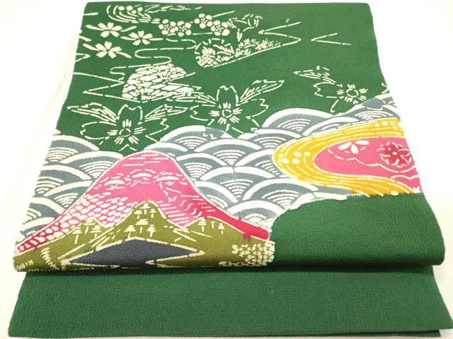 平和屋着物●九寸開き名古屋帯　型染　風景花文　鬼しぼ縮緬　正絹　逸品　DABE1042op 平和屋着物○九寸開き名古屋帯 型染 風景花文 鬼しぼ