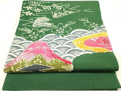 平和屋着物●九寸開き名古屋帯　型染　風景花文　鬼しぼ縮緬　正絹　逸品　DABE1042op