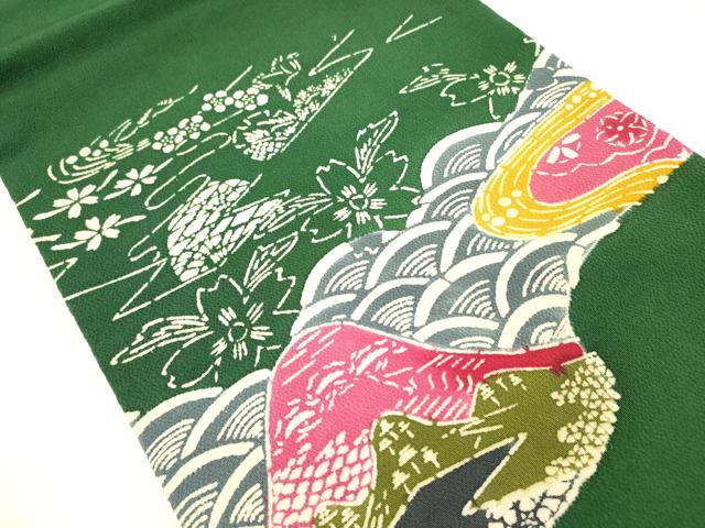平和屋着物●九寸開き名古屋帯　型染　風景花文　鬼しぼ縮緬　正絹　逸品　DABE1042op 平和屋着物○九寸開き名古屋帯 型染 風景花文 鬼しぼ
