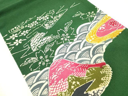 平和屋着物●九寸開き名古屋帯　型染　風景花文　鬼しぼ縮緬　正絹　逸品　DABE1042op
