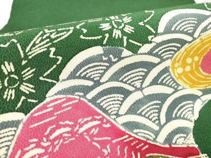 平和屋着物●九寸開き名古屋帯　型染　風景花文　鬼しぼ縮緬　正絹　逸品　DABE1042op