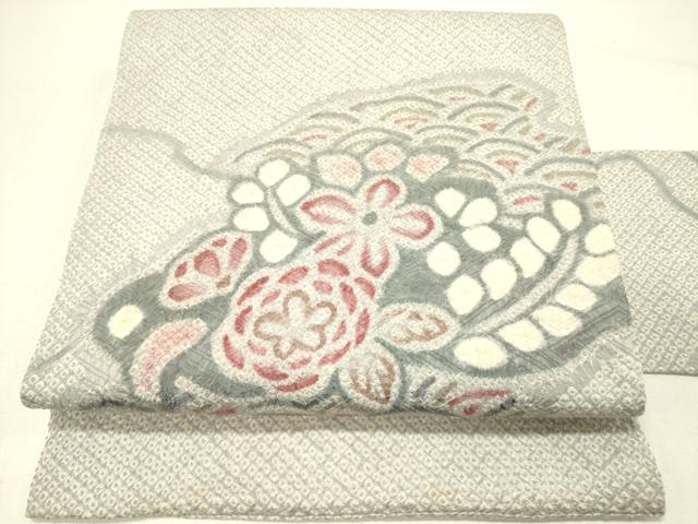 平和屋着物●名門　藤娘きぬたや・総絞り　創作　九寸名古屋帯　草花　正絹　逸品　DABE1043op