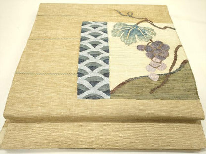 平和屋着物●八寸名古屋帯　紬地　すくい織　葡萄蔦の葉　やまと誂製　正絹　逸品　未使用　DABE1045op