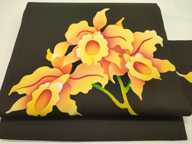 平和屋着物●塩瀬　九寸名古屋帯　草花　ろうけつ染め　黒地　逸品　DABE1046op