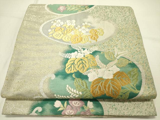 平和屋着物●六通柄袋帯　唐織　草花文　銀糸　正絹　逸品　DABE1047op