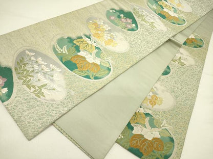 平和屋着物●六通柄袋帯　唐織　草花文　銀糸　正絹　逸品　DABE1047op