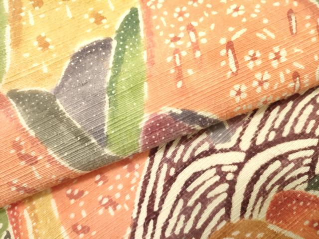 平和屋着物●九寸名古屋帯　型染　風景文　お召縮緬　正絹　逸品　DABE1048op 平和屋着物○全通柄九寸名古屋帯 型染め 風景人物花文 お召縮緬 正絹