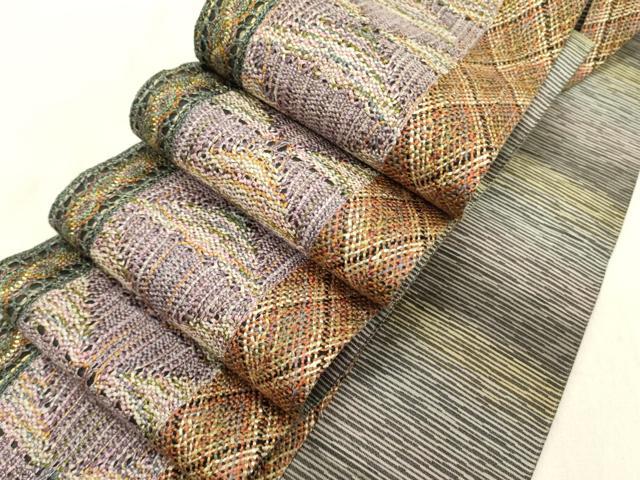 平和屋着物●両面　半幅帯　リボン織　抽象文様　正絹　逸品　DABE1051op