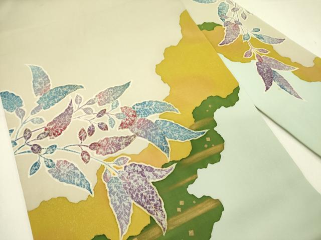 平和屋着物●塩瀬　九寸名古屋帯　作家物　草花　ろうけつ染め　金彩　正絹　逸品　DABE1058op