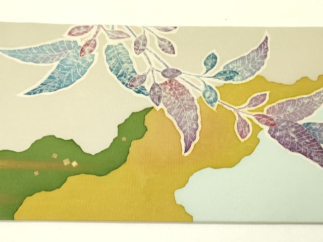 平和屋着物●塩瀬　九寸名古屋帯　作家物　草花　ろうけつ染め　金彩　正絹　逸品　DABE1058op