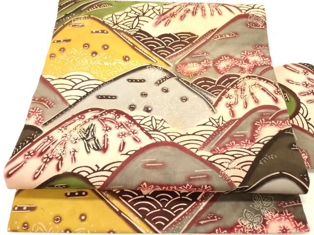 平和屋着物●塩瀬　全通柄九寸名古屋帯　型染　風景花文　逸品　DABE1065op