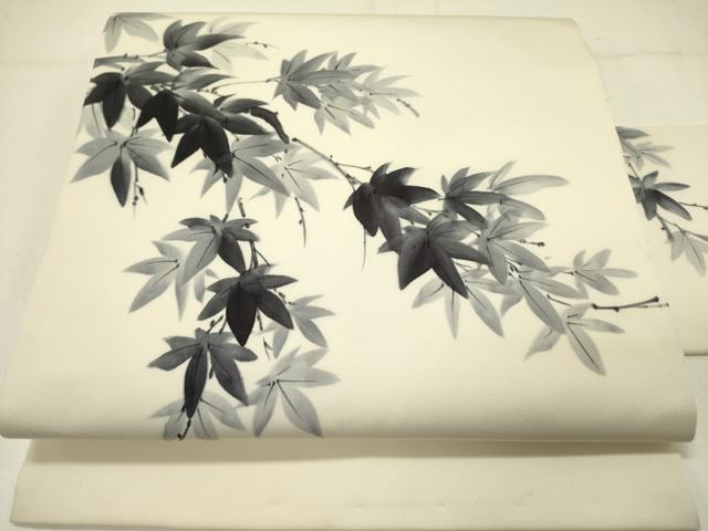 平和屋着物●塩瀬　九寸名古屋帯　作家物　手描き　枝葉文　正絹　逸品　DABE1069op