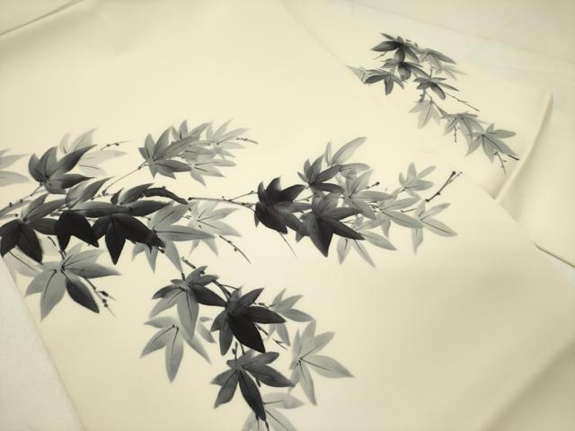 平和屋着物●塩瀬　九寸名古屋帯　作家物　手描き　枝葉文　正絹　逸品　DABE1069op
