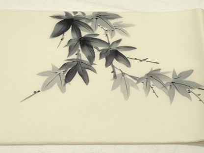 平和屋着物●塩瀬　九寸名古屋帯　作家物　手描き　枝葉文　正絹　逸品　DABE1069op
