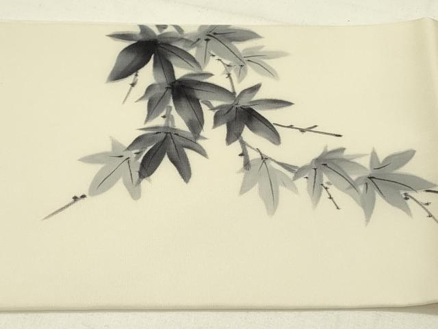 平和屋着物●塩瀬　九寸名古屋帯　作家物　手描き　枝葉文　正絹　逸品　DABE1069op