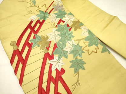 平和屋着物●アンティーク　大正ロマン　九寸名古屋帯　駒刺繍　総刺繍　渡橋楓文　金糸　正絹　逸品　DABE1071op