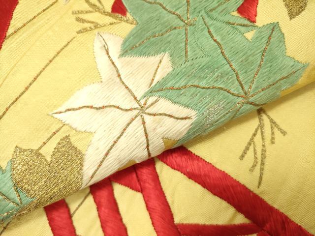 平和屋着物●アンティーク　大正ロマン　九寸名古屋帯　駒刺繍　総刺繍　渡橋楓文　金糸　正絹　逸品　DABE1071op