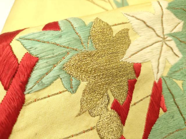 平和屋着物●アンティーク　大正ロマン　九寸名古屋帯　駒刺繍　総刺繍　渡橋楓文　金糸　正絹　逸品　DABE1071op