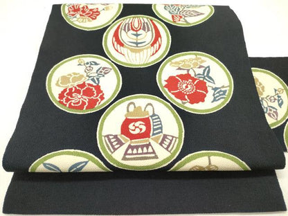 平和屋着物●全通柄九寸名古屋帯　型染　花丸文　黒地　鬼しぼ縮緬　正絹　逸品　未使用　DABE1073op