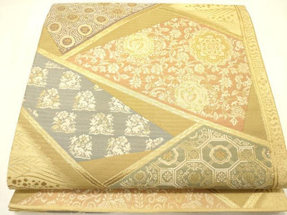 平和屋着物●六通柄袋帯　幾何学花文　金糸　正絹　逸品　DABE1075op