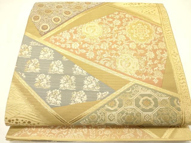 平和屋着物●六通柄袋帯　幾何学花文　金糸　正絹　逸品　DABE1075op