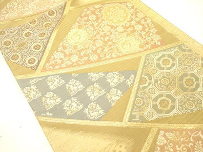 平和屋着物●六通柄袋帯　幾何学花文　金糸　正絹　逸品　DABE1075op