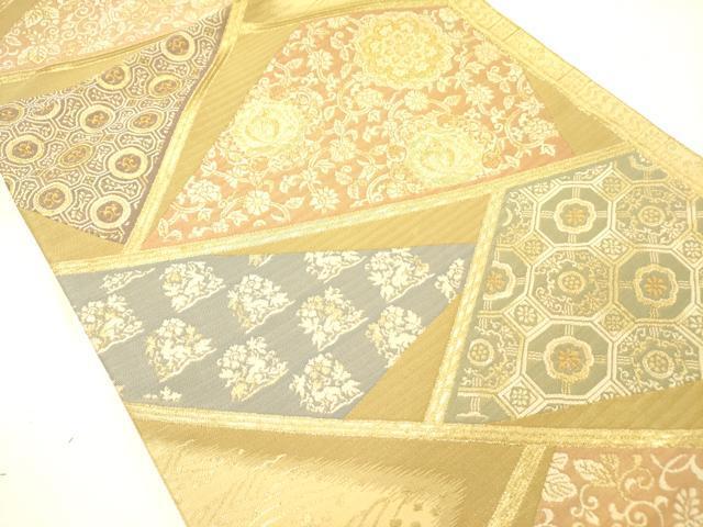 平和屋着物●六通柄袋帯　幾何学花文　金糸　正絹　逸品　DABE1075op
