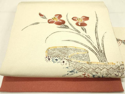 平和屋着物●九寸名古屋帯　型染　草花　鬼しぼ縮緬　正絹　逸品　DABE1077op