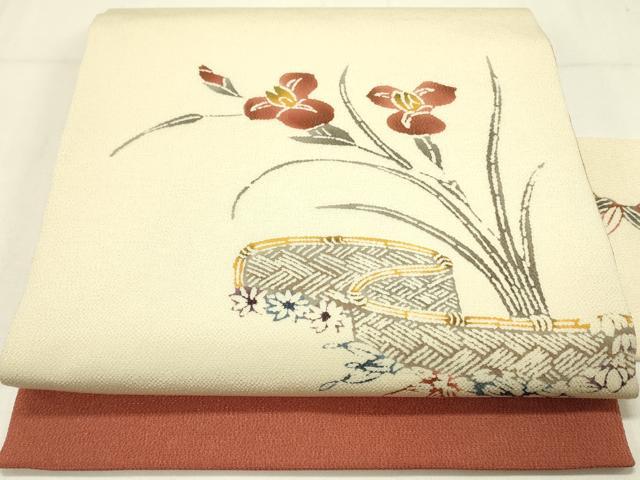 平和屋着物●九寸名古屋帯　型染　草花　鬼しぼ縮緬　正絹　逸品　DABE1077op