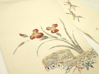平和屋着物●九寸名古屋帯　型染　草花　鬼しぼ縮緬　正絹　逸品　DABE1077op