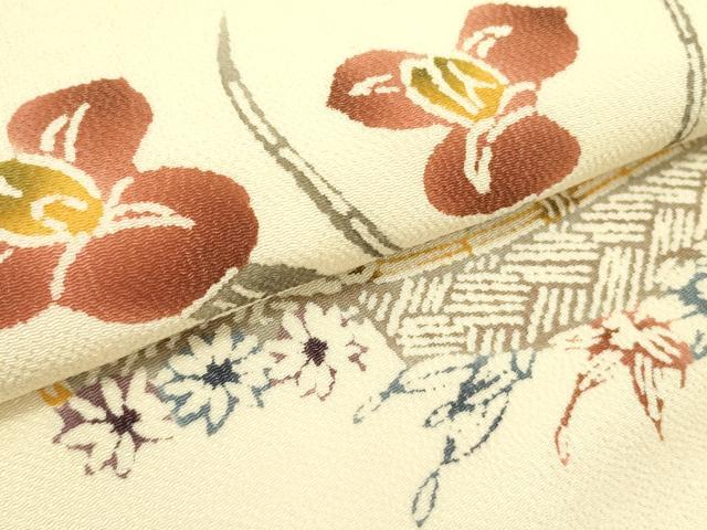 平和屋着物●九寸名古屋帯　型染　草花　鬼しぼ縮緬　正絹　逸品　DABE1077op
