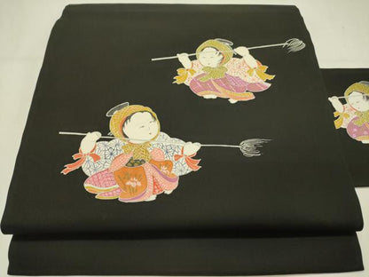 平和屋着物●塩瀬　九寸名古屋帯　童子　黒地　逸品　DABE1078op