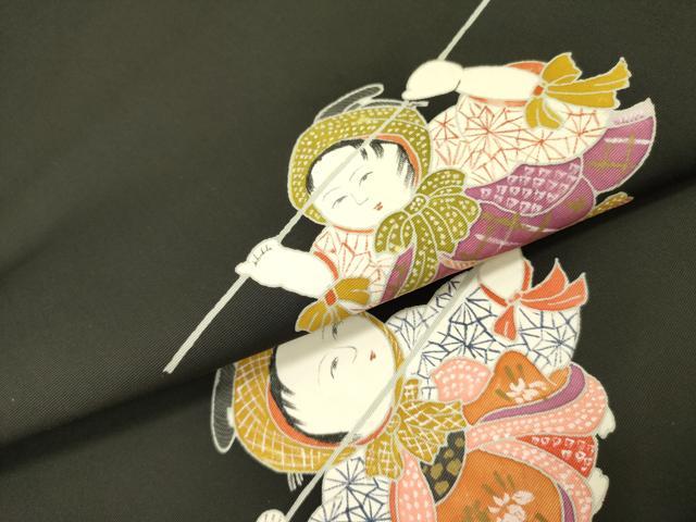 平和屋着物●塩瀬　九寸名古屋帯　童子　黒地　逸品　DABE1078op