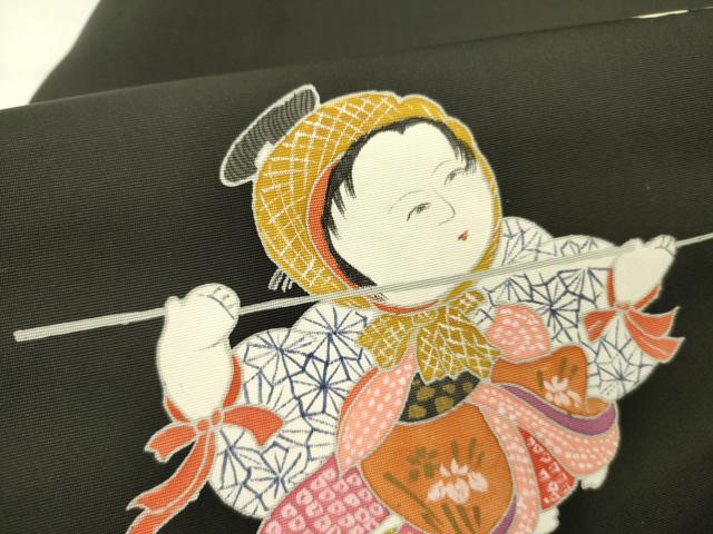 平和屋着物●塩瀬　九寸名古屋帯　童子　黒地　逸品　DABE1078op