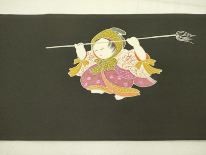 平和屋着物●塩瀬　九寸名古屋帯　童子　黒地　逸品　DABE1078op
