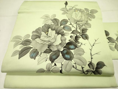 平和屋着物●塩瀬　九寸名古屋帯　手描き　草花　正絹　逸品　DABE1082op