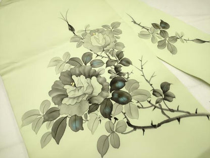 平和屋着物●塩瀬　九寸名古屋帯　手描き　草花　正絹　逸品　DABE1082op
