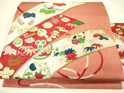 平和屋着物●九寸名古屋帯　総刺繍　宝尽くし花文　金銀糸　正絹　逸品　DABE1086op