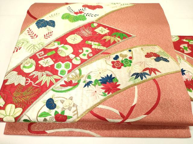 平和屋着物●九寸名古屋帯　総刺繍　宝尽くし花文　金銀糸　正絹　逸品　DABE1086op