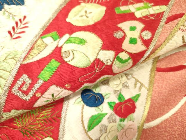 平和屋着物●九寸名古屋帯　総刺繍　宝尽くし花文　金銀糸　正絹　逸品　DABE1086op
