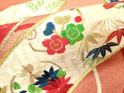 平和屋着物●九寸名古屋帯　総刺繍　宝尽くし花文　金銀糸　正絹　逸品　DABE1086op