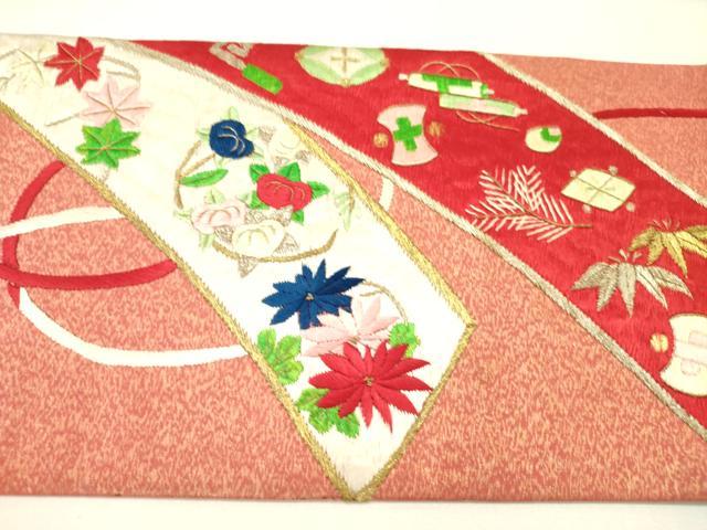 平和屋着物●九寸名古屋帯　総刺繍　宝尽くし花文　金銀糸　正絹　逸品　DABE1086op
