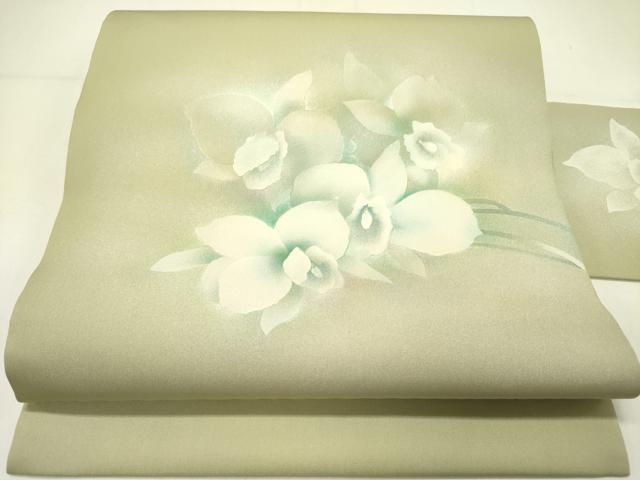 平和屋着物●塩瀬　九寸名古屋帯　草花　金銀彩　正絹　逸品　DABE1093op